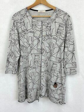 Jess & Jane Cats on Parade Gray Tunic Novelty Print Art To Wear Grandma Chic L